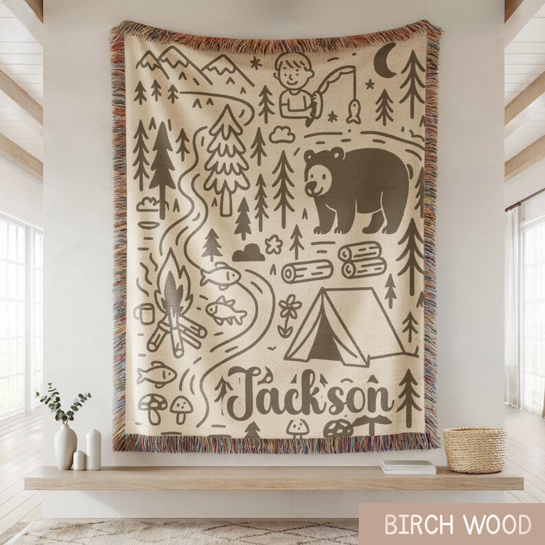 Custom camping kids blanket with forest animals and nature illustration, ideal woodland nursery wall decor and adventure themed baby gift.