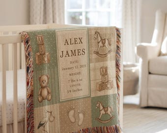 Personalized Baby Birth Stats Blanket, Vintage Nursery Decor