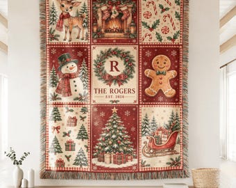 Personalized Christmas Woven Blanket, Vintage Holiday Patchwork Throw, Custom Family Name Monogram, Red Cream Christmas Gift