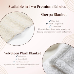 May include: A comparison graphic titled Available in Two Premium Fabrics featuring a Sherpa Blanket with an ultra-soft fleece front and plush sherpa back, and a Velveteen Plush Blanket described as lightweight with a smooth finish and soft texture.