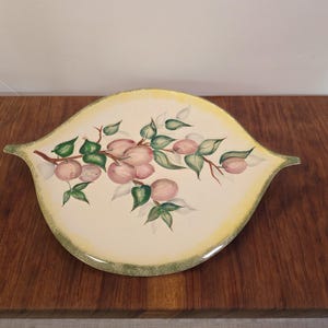 Hand Painted Plum Leaf Platter, Mid Century California Pottery