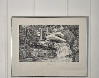 Grabado antiguo de Fallingwater de Frank Lloyd Wright por Joseph F. Hennessey (1978) / Representación arquitectónica / Bear Run, Pensilvania