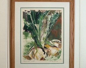 Framed Original Monotype Print “Longing for Leeks II” Signed 1994 Carrie Rubin Kahn Green Botanical Wall Art