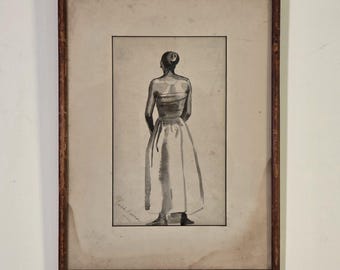 Original 1952 Joseph Bierman Ink Figure Drawing Framed Mid Century Modern Female Portrait Signed Artwork