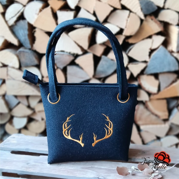 Handtasche M schwarz aus Wollfilz mit Geweih Trachtentasche Filztasche Dirndltasche Totebag Stickerei Schwarzwald Schurwolle Wald