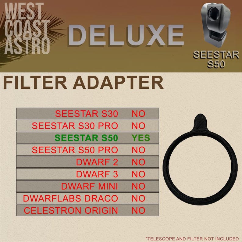 May include: A black circular filter adapter for the Seestar S50 telescope. The image includes a compatibility chart listing Seestar S30, S30 Pro, S50, S50 Pro, Dwarf 2, Dwarf 3, Dwarf Mini, Dwarflabs Draco, and Celestron Origin with compatibility status.
