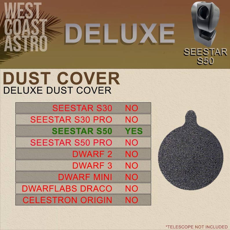 May include: A black circular dust cover with a small tab at the top, designed for the Seestar S50 telescope. The image includes a compatibility chart listing various telescope models, with Seestar S50 marked as yes and others as no.