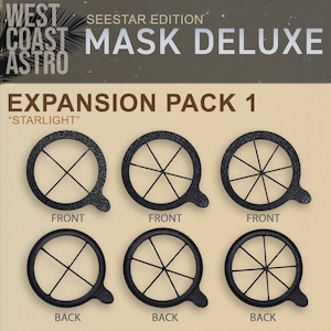 May include: Six black plastic fruit and vegetable slicers, three in a row labeled "FRONT" and three in a row labeled "BACK". The slicers are designed to cut fruit into wedges. The image is for West Coast Astro's "Seestar Edition" Mask Deluxe Expansion Pack 1, "Starlight".