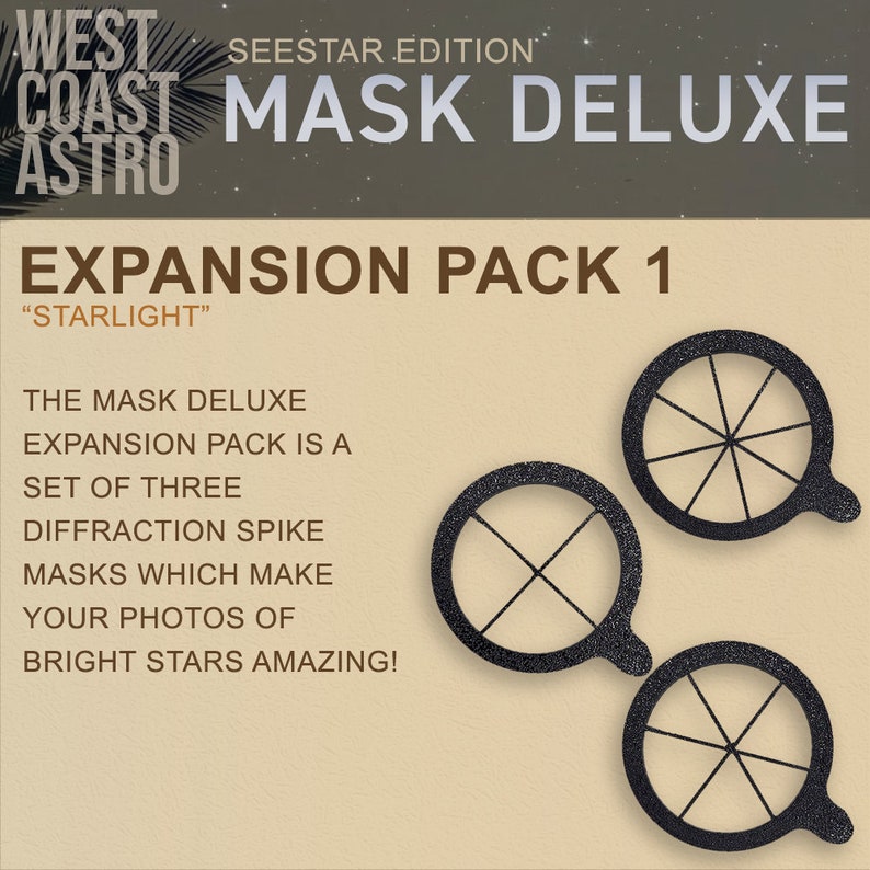 May include: A set of three black diffraction spike masks for astrophotography. The masks are designed to create bright star effects in photos. The text on the image reads "West Coast Astro Seestar Edition Mask Deluxe Expansion Pack 1 "Starlight""