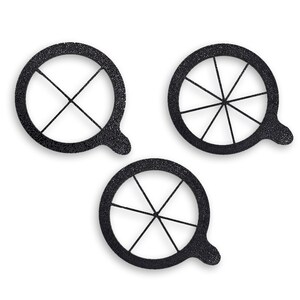 May include: Three black plastic citrus cutters with different designs. Each cutter has a round shape with a handle on the side.