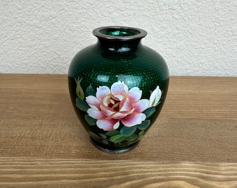 Vintage Ginbari Sato Green Cloisonne Vase with Pink and White Rose Butterfly Silver Small
