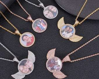 Personalized Diamond Studded Angel Wings Photo Necklace | Custom Photo Necklace | Hip Hop Photo Pendant | Iced Custom Round Photo Pendant
