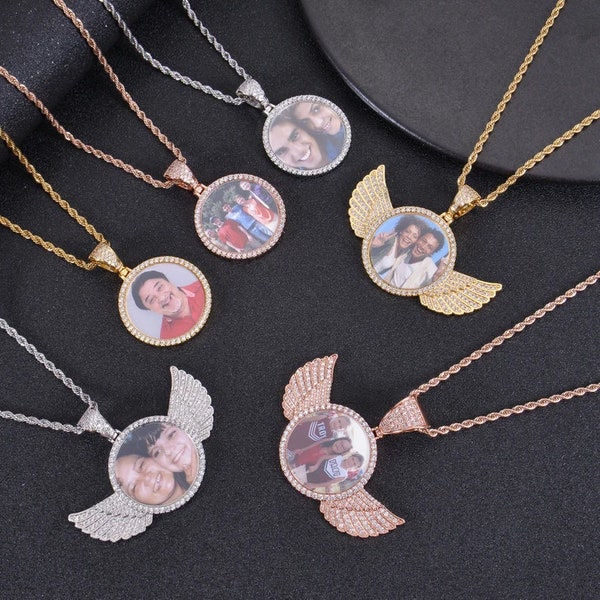 Collier photo personnalisé avec ailes d'ange serties de diamants | Collier photo personnalisé | Pendentif photo hip-hop | Pendentif photo rond personnalisé glacé