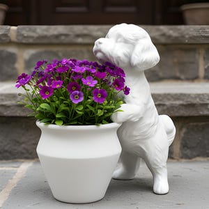 May include: A white ceramic dog statue holding a white flower pot filled with vibrant purple flowers. The dog is standing on its hind legs, appearing to support the pot. The flowers have dark purple petals and yellow centers.
