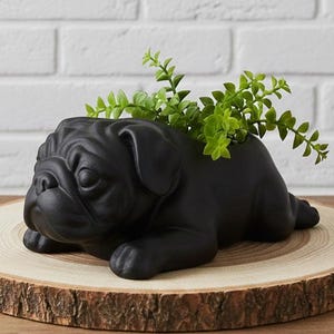 May include: A matte black ceramic planter shaped like a lying pug dog. The planter features a detailed sculpted face with characteristic wrinkles and folded ears. A small green artificial plant with delicate leaves is placed inside the opening.