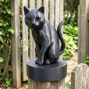 May include: A black cat statue sitting atop a black circular base, mounted on a wooden post. The cat is in a seated position with its tail curled. The statue is outdoors, with a wooden fence and greenery in the background.