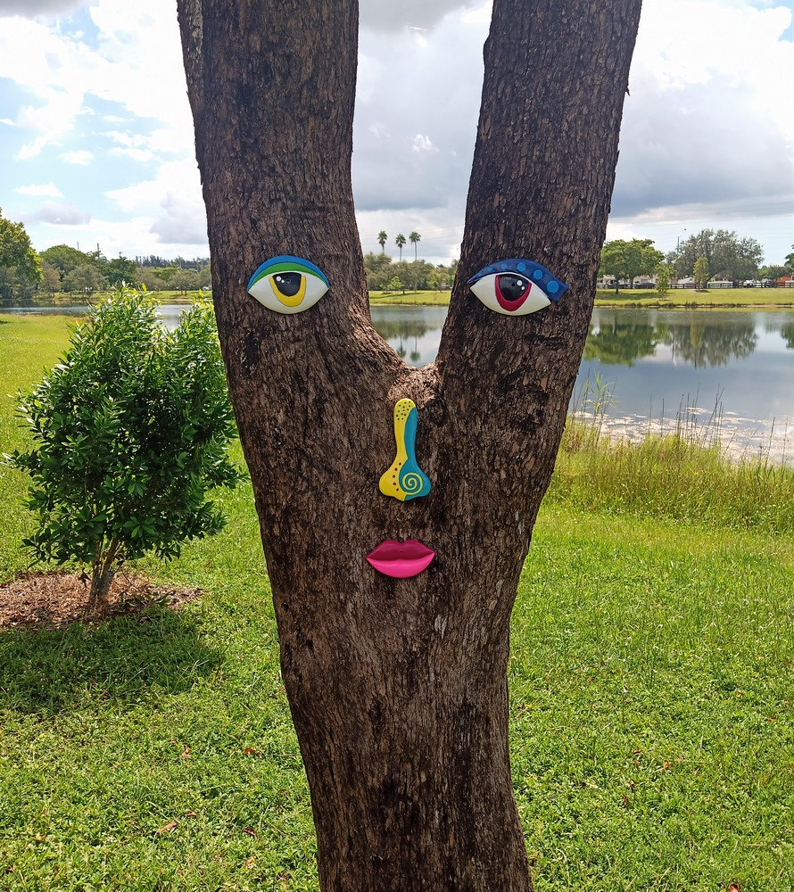 Tree Face Sculpture Colorful Style, Handmade by Artist, Decor Outdoor