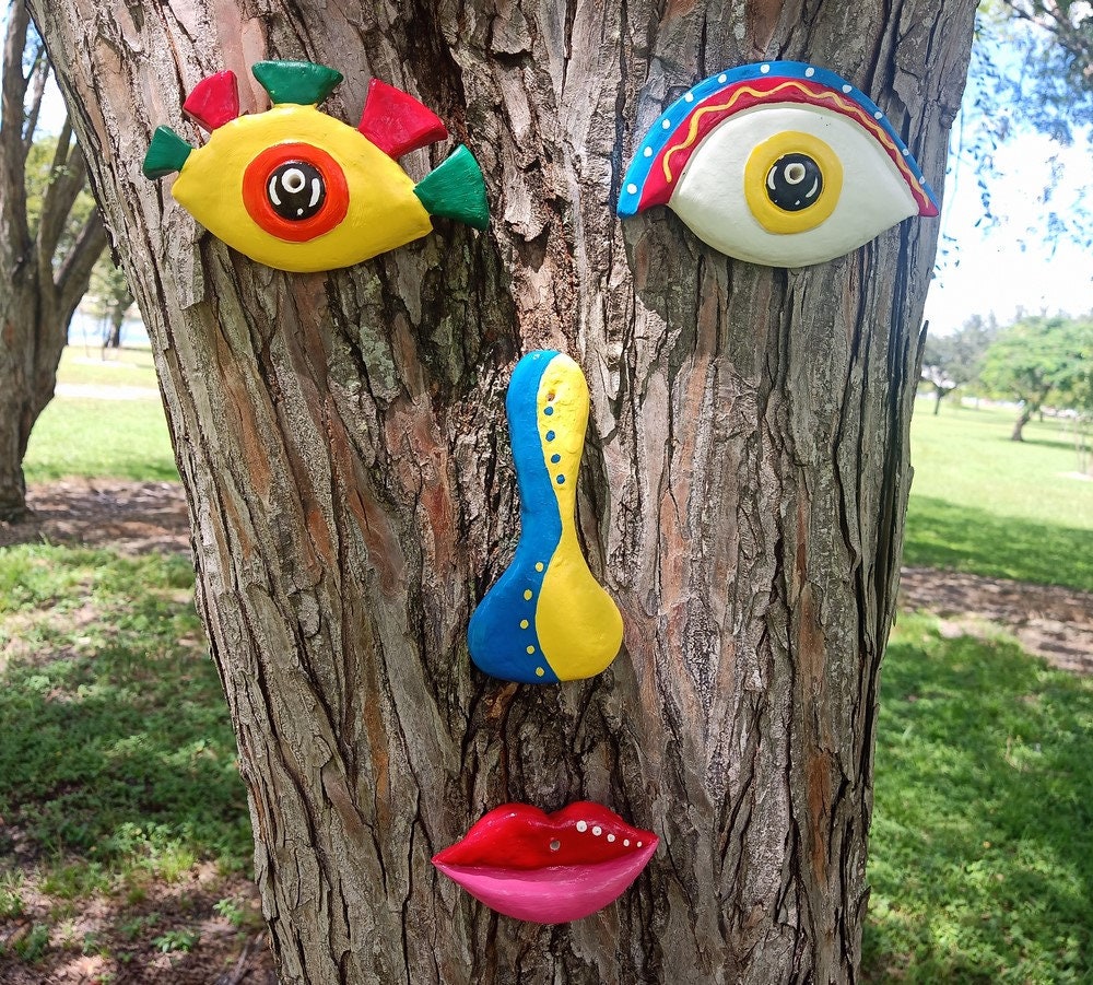 Tree Face Sculpture Colorful Style, Handmade by Artist, Decor Outdoor