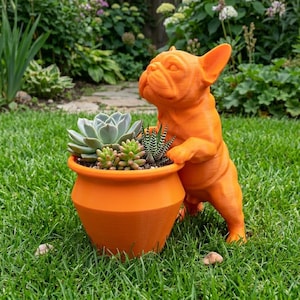 May include: A bright orange planter shaped like a French Bulldog standing on its hind legs with its front paws resting on the rim. The planter contains a variety of small green succulents, including a large rosette-shaped plant and a spiky plant.