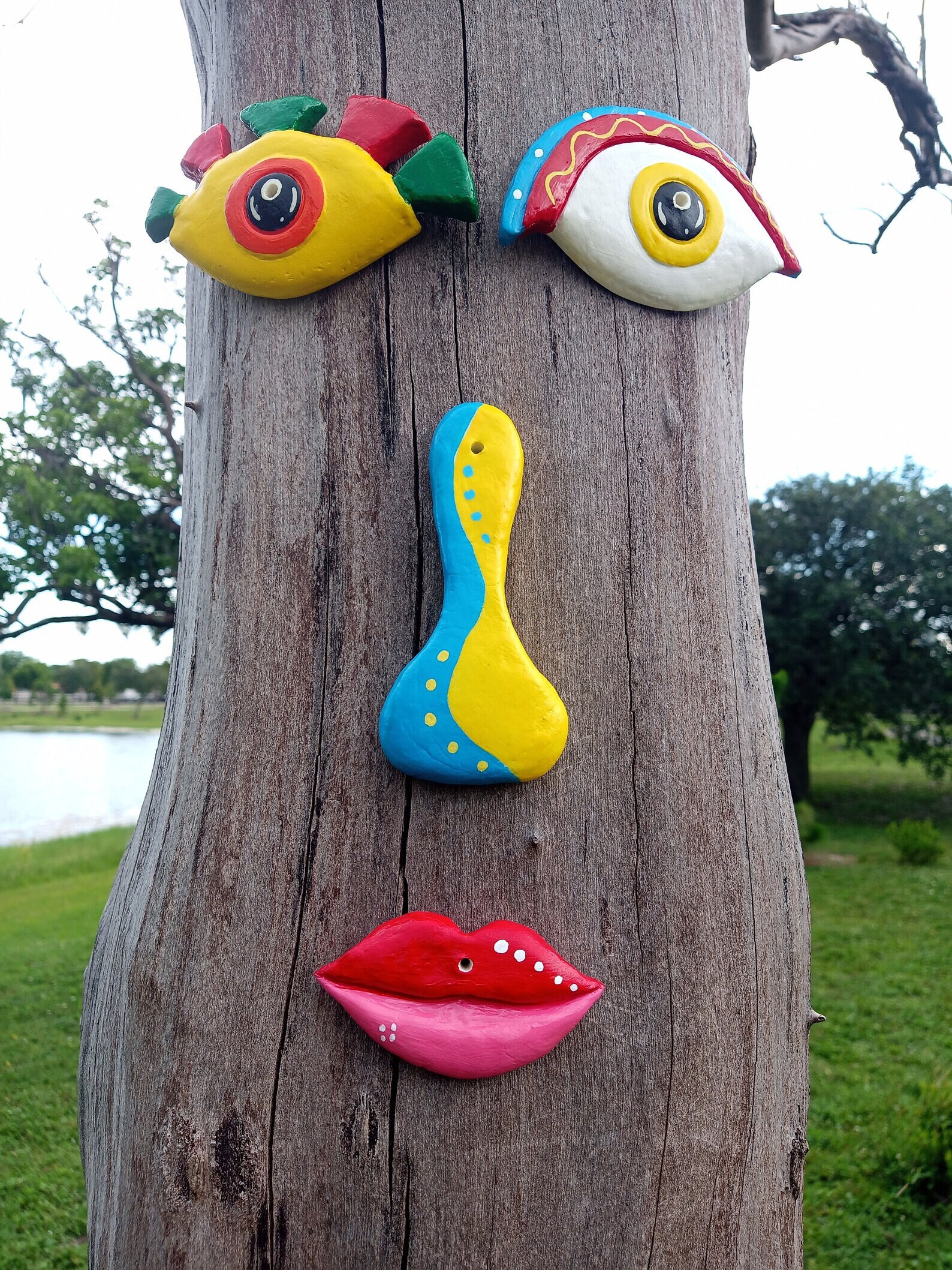 Tree Face Sculpture Colorful Style, Handmade by Artist, Decor Outdoor