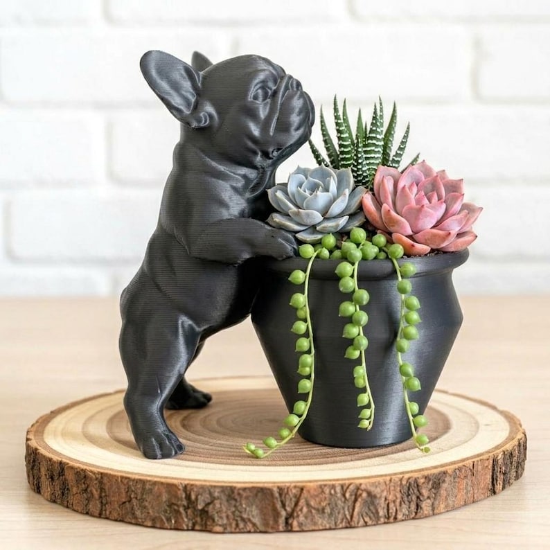 French Bulldog Planter | 3D Printed Succulent Pot | Frenchie Hugging Plant Holder | Dog Lover Gift Black