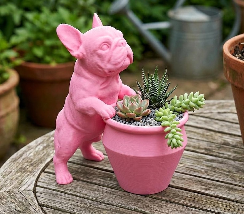 French Bulldog Planter | 3D Printed Succulent Pot | Frenchie Hugging Plant Holder | Dog Lover Gift Pink