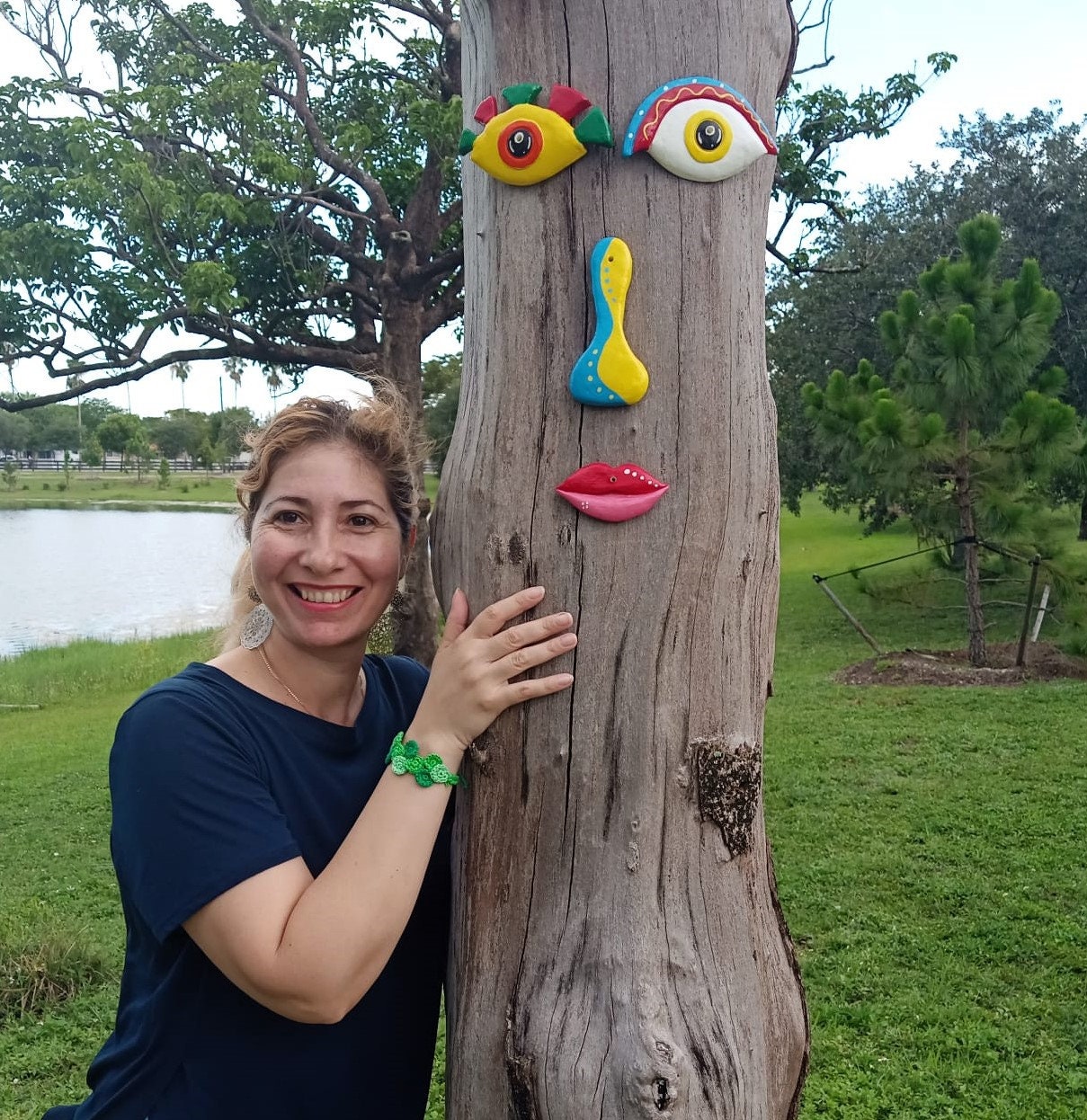 Tree Face Sculpture Colorful Style, Handmade by Artist, Decor Outdoor