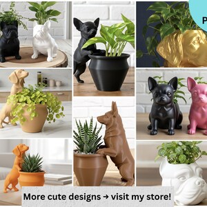 May include: A collection of 3D printed dog-shaped planters in various colors including black, white, gold, pink, tan, and orange. The planters feature different dog breeds and hold small green plants. Text in the image reads 3D PRINT and More cute designs visit my store.