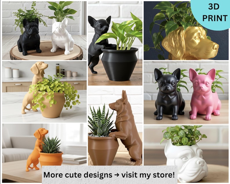 May include: A collection of 3D printed dog-shaped planters in various colors including black, white, gold, pink, tan, and orange. The planters feature different dog breeds and hold small green plants. Text in the image reads 3D PRINT and More cute designs visit my store.