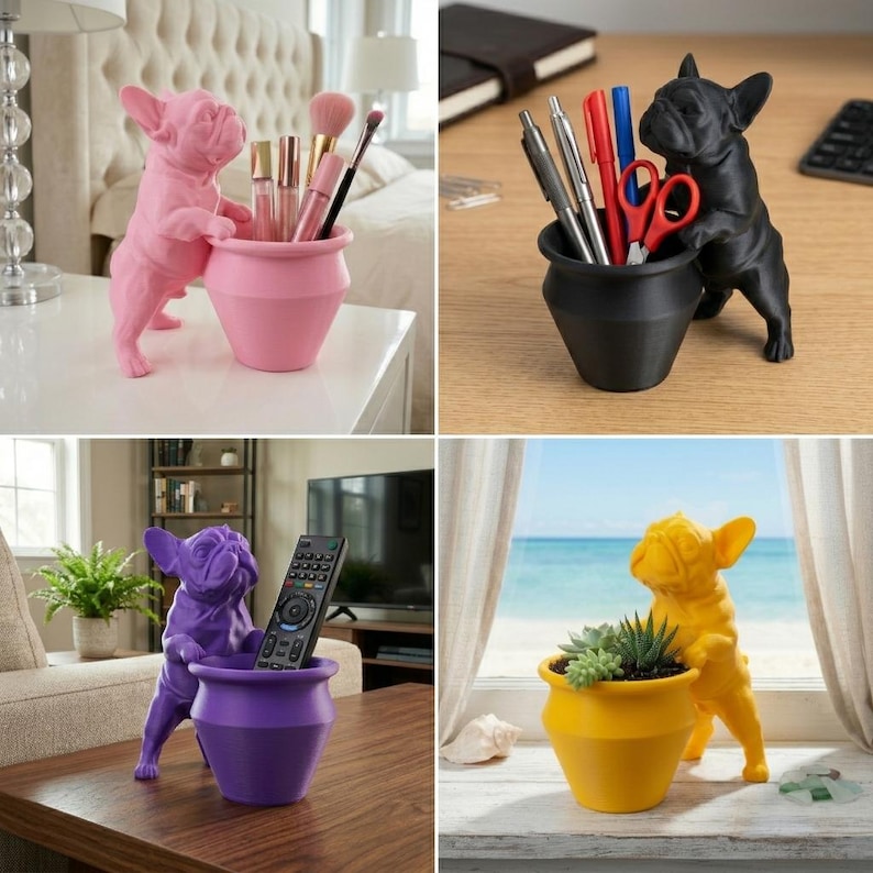 May include: A collection of four French bulldog-shaped desk organizers in pink, black, purple, and yellow. Each organizer features a standing dog figure attached to a conical cup, designed to hold pens, scissors, remote controls, or small potted plants.