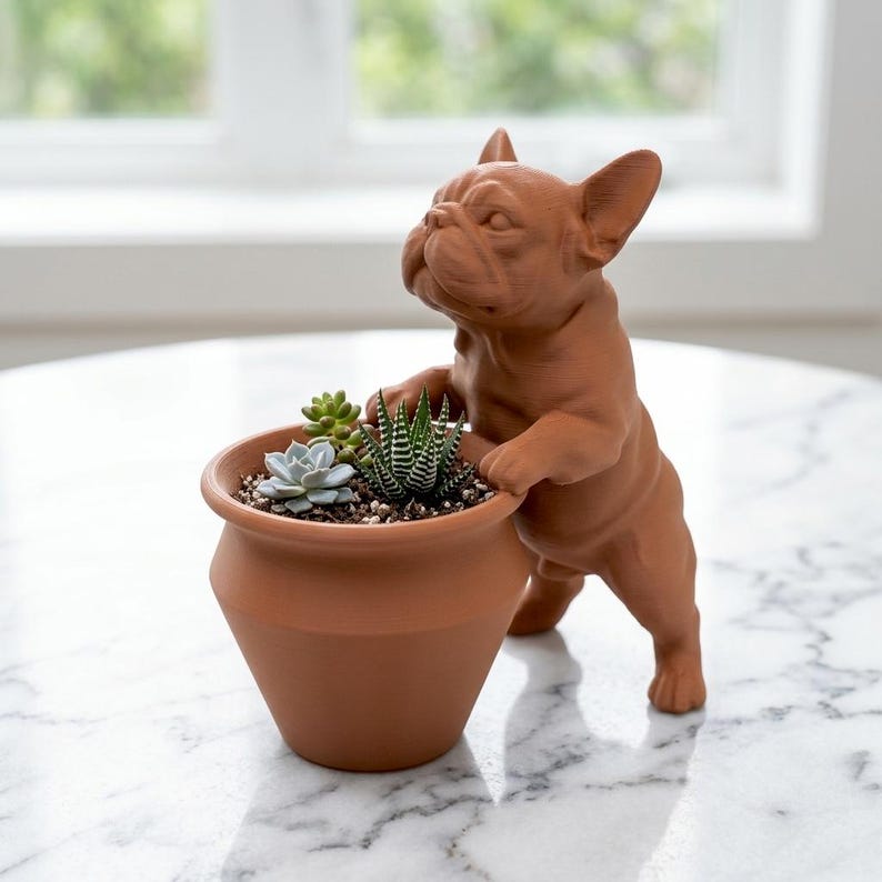 May include: A terracotta-colored planter shaped like a French Bulldog standing on its hind legs with its front paws resting on the rim. The pot contains a small green succulent plant with striped leaves and a pale green rosette-shaped succulent.