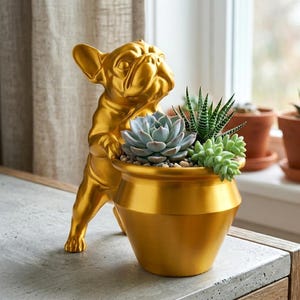 May include: A metallic gold-colored French bulldog figurine standing on its hind legs, leaning against a matching gold-colored tapered planter. The planter contains a cluster of green succulents, including a large rosette-shaped plant.