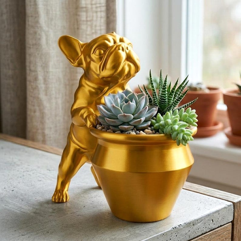 May include: A metallic gold-colored French bulldog figurine standing on its hind legs, leaning against a matching gold-colored tapered planter. The planter contains a cluster of green succulents, including a large rosette-shaped plant.