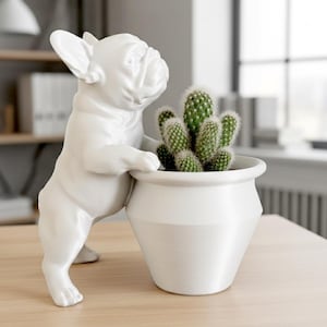 May include: A white French bulldog figurine standing on its hind legs with its front paws resting on the rim of a matching white planter. Inside the planter is a green cactus with multiple stems and small, sharp spines covering its surface.