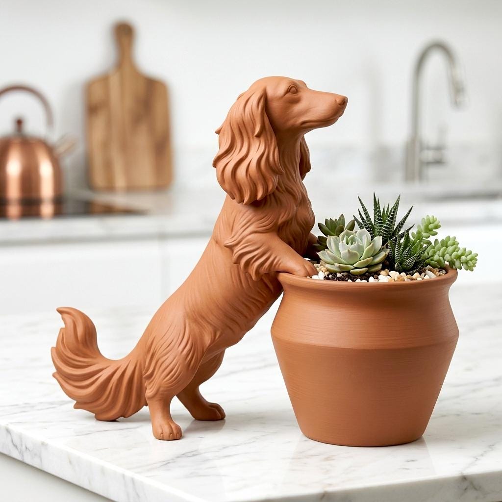 Listing photo: Long Haired Dachshund Planter Pot  | 3D Printed Sausage Dog Succulent Holder| Weiner Plant Holder