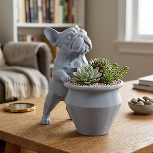 May include: A light gray, three-dimensional French bulldog figurine standing upright and leaning against a matching light gray, tapered planter pot. The planter contains a cluster of green succulent plants nestled in small, light-colored pebbles.