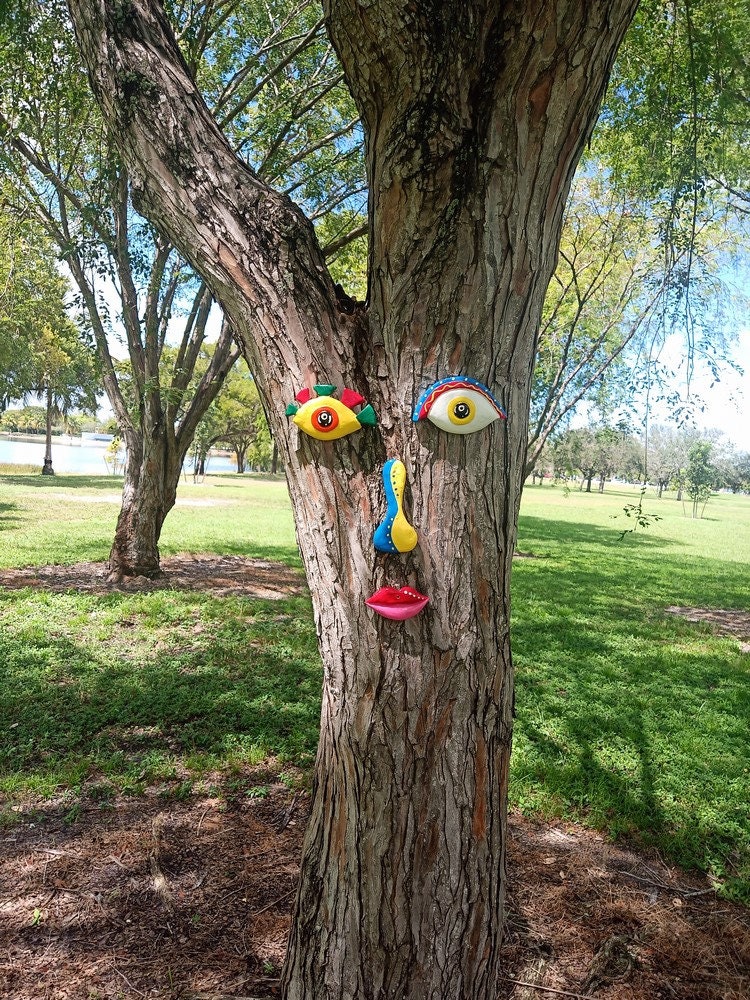 Tree Face Sculpture Colorful Style, Handmade by Artist, Decor Outdoor