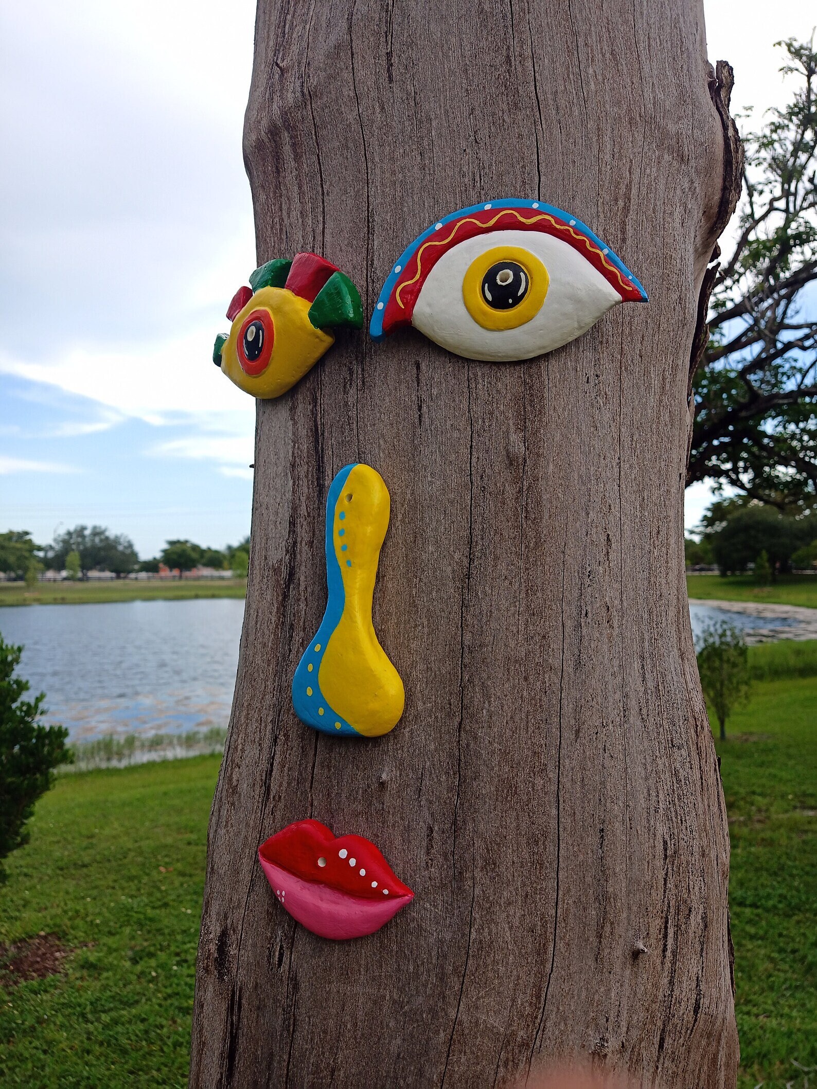 Tree Face Sculpture Colorful Style, Handmade by Artist, Decor Outdoor