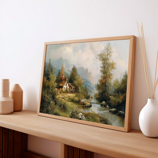Oil Painting 02, Mountain, Country, Cottage, Landscape, Vintage Oil Painting,