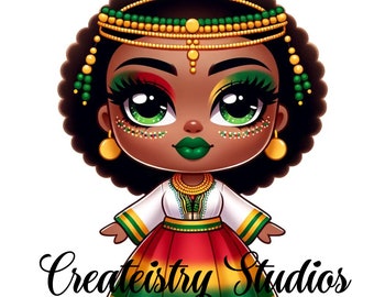 Juneteenth Chibi Girl Dressed in African Attire | Chibi Doll Collection PNG | Chibi Doll African American | Clip Art