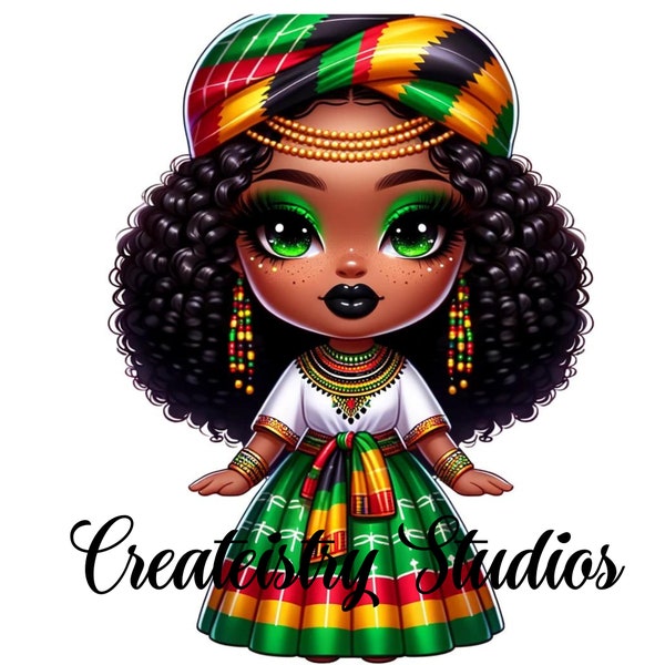 Juneteenth Chibi Girl Dressed in African Attire | Chibi Doll Collection PNG | Chibi Doll African American | Clip Art