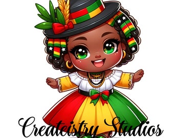 Juneteenth Chibi Girl Dressed in African Attire | Chibi Doll Collection PNG | Chibi Doll African American | Clip Art