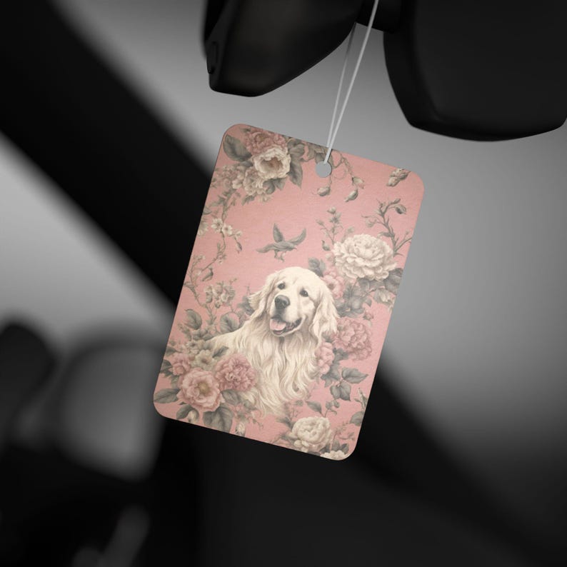 Dog Lover Car Air Freshener | Elegant Floral Dog Design | Available in Pine, New Car, and Black Ice Scents | Double-Sided Print image 3