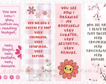 Funny Pink Demure Book Lover Digital Bookmarks | 2x6 Printable Bookmarks in PNG, JPG, PDF | Cute Demure BookTok Inspired Designs