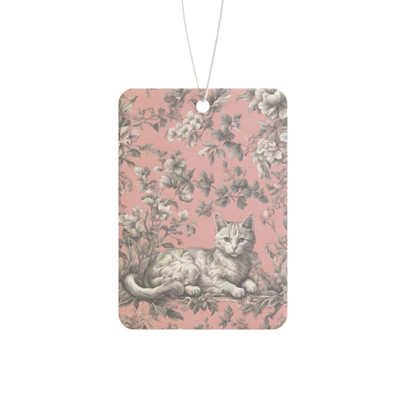 Odświeżacz powietrza do samochodu Cat Lover | Elegancki kwiatowy wzór z kotem | Dostępny w zapachach Pine, New Car i Black Ice | Nadruk dwustronny zdjęcie 1
