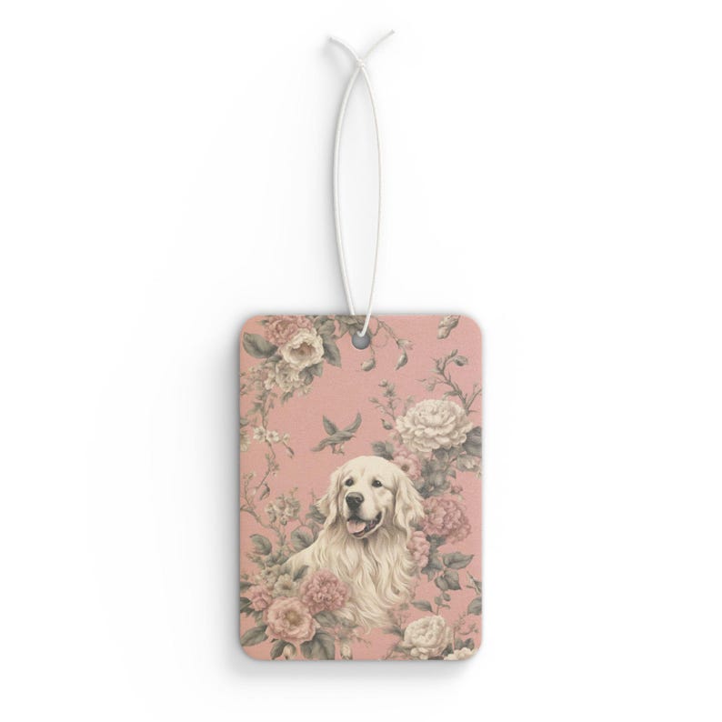 Dog Lover Car Air Freshener | Elegant Floral Dog Design | Available in Pine, New Car, and Black Ice Scents | Double-Sided Print image 2