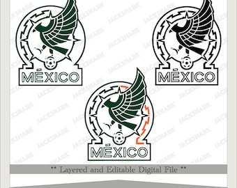 Può includere: Un file digitale stratificato e modificabile del logo della squadra nazionale di calcio messicana. Il logo presenta un'aquila verde con le ali spiegate, un pallone da calcio e la parola "MÉXICO" in un font stilizzato.