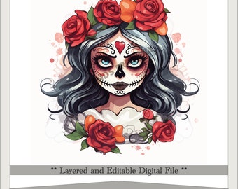 Op de afbeelding: Een digitale illustratie van een vrouw met blauw haar die een kroon van rode rozen draagt. Haar gezicht is geschilderd met een suiker schedel ontwerp. De achtergrond is een aquarel in roze en wit.