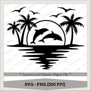 Dolphin Palm Tree Sunset, Vacation, Summer, Tropical, Ocean, Relax, Chilling, Silhouette, Decal, SVG & PNG