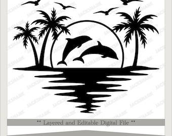 Dolphin Palm Tree Sunset, Vacation, Summer, Tropical, Ocean, Relax, Chilling, Silhouette, Decal, SVG & PNG